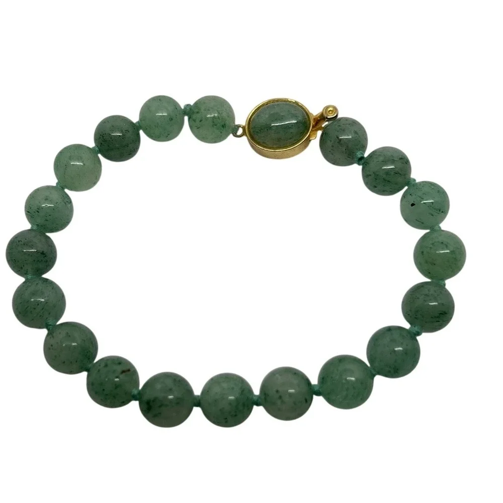 Green Aventurine‎ Beaded Bracelet Knotted Gold Tone Box Clasp 7.25 Inch Vintage
